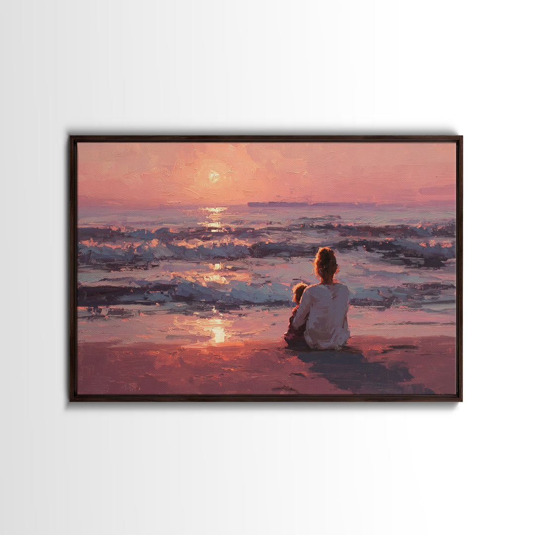 Mother And Child At Pink Ocean Sunset Wall Art, Coastal Beach House Decor, Serene Seascape Print, Gift For Mom, Living Room Decor