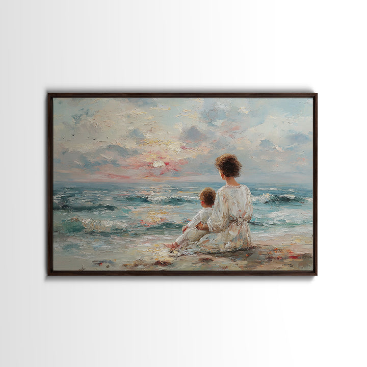 Mother And Child By Blue Sea Framed Canvas Print, Coastal Wall Art, Beach House Decor, Ocean Nursery, Gift For Mom, Living Room Art