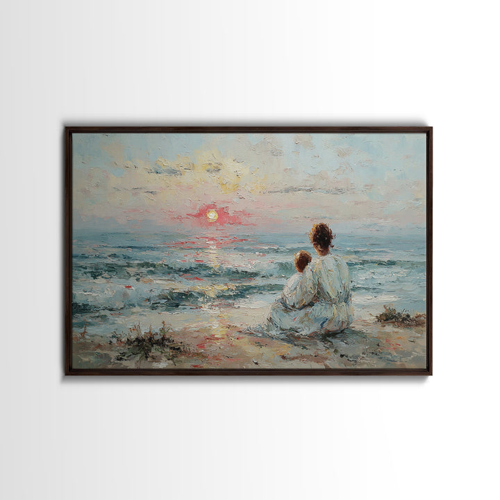 Mother And Child Watching Soft Seaside Sunset Canvas Print, Coastal Wall Art, Ocean Decor, Gift For Mom, Living Room Art