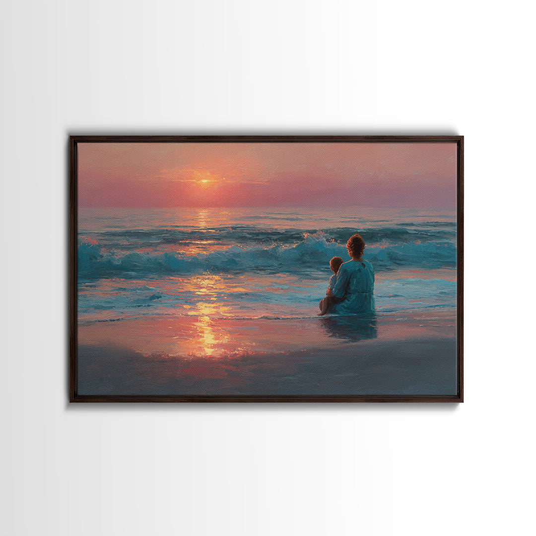 Mother And Child In Rose Gold Ocean Waves Wall Art, Coastal Canvas Print, Beach House Decor, Seascape, Gift For Mom, Living Room Decor
