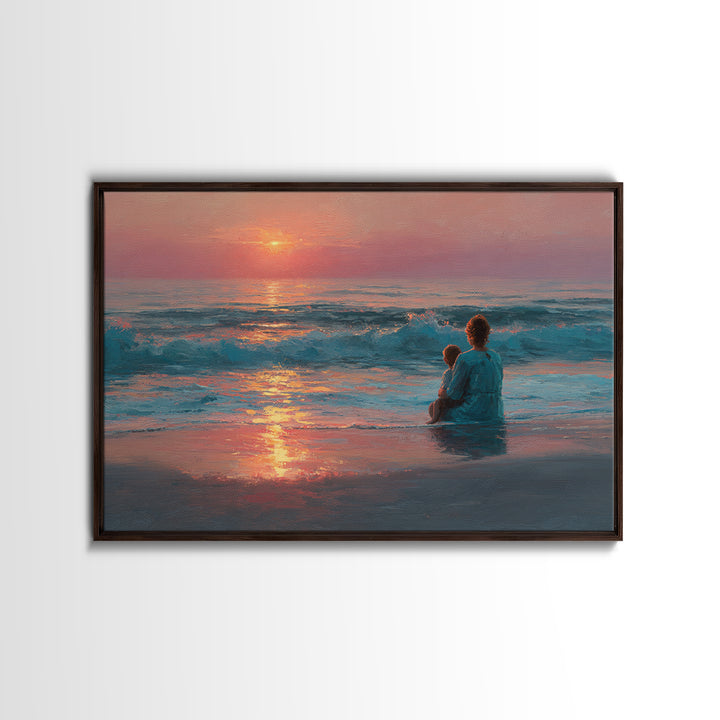 Mother And Child In Rose Gold Ocean Waves Wall Art, Coastal Canvas Print, Beach House Decor, Seascape, Gift For Mom, Living Room Decor