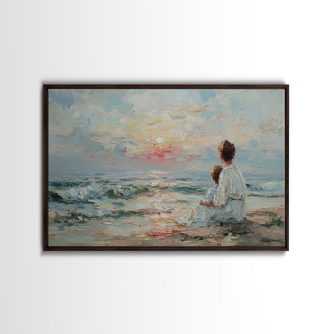 Impasto Mother And Child At Gentle Ocean Sunrise Framed Canvas Print, Coastal Wall Art, Beach Decor, Gift For Mom, Serene Home Decor