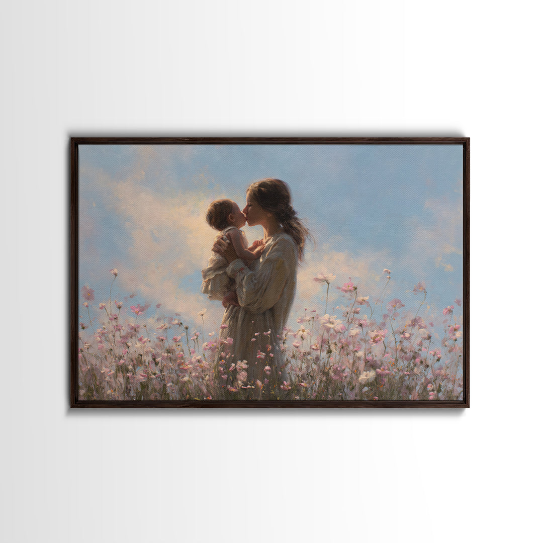 Mother Kissing Baby In Wildflower Meadow Wall Art, Feminine Floral Canvas Print, Nursery Decor, Gift For Mom, Baby Shower Gift