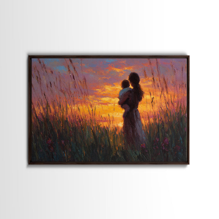 Mother And Baby Silhouette In Tall Grass Sunset Wall Art, Warm Meadow Canvas Print, Boho Nursery Decor, Gift For Mom, Bedroom Wall Art