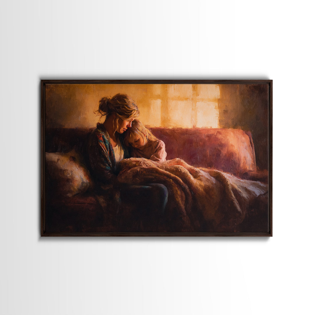 Mother And Child Cuddling On Warm Sofa Canvas Print, Cozy Bedroom Wall Art, Family Home Decor, Gift For Mom, Nursery Art