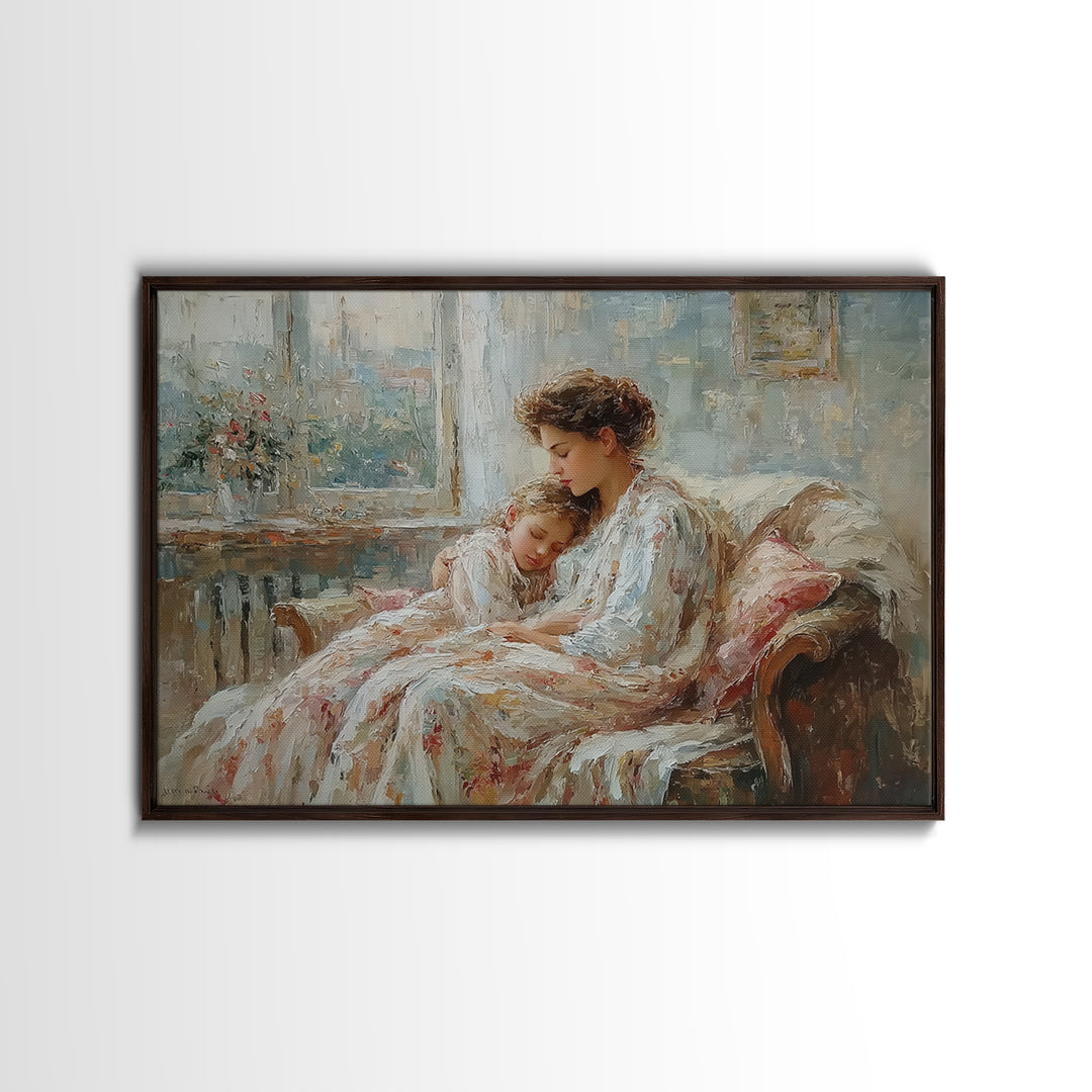 Mother And Child Resting By Window Wall Art, Impressionist Family Portrait, Cozy Bedroom Decor, Gift For Mom, Nursery Art