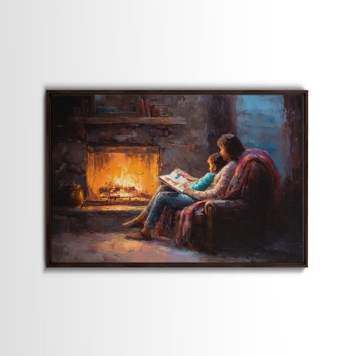 Mother And Child Reading By Glowing Fireplace Canvas Print, Cozy Family Wall Art, Dark Academia Decor, Gift For Mom, Living Room Decor