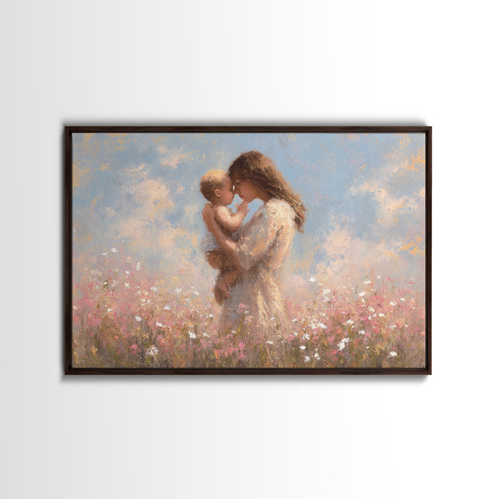 Mother Holding Baby In Wildflower Meadow Wall Art, Soft Impressionist Floral Print, Nursery Decor, Gift For Mom, Baby Gift