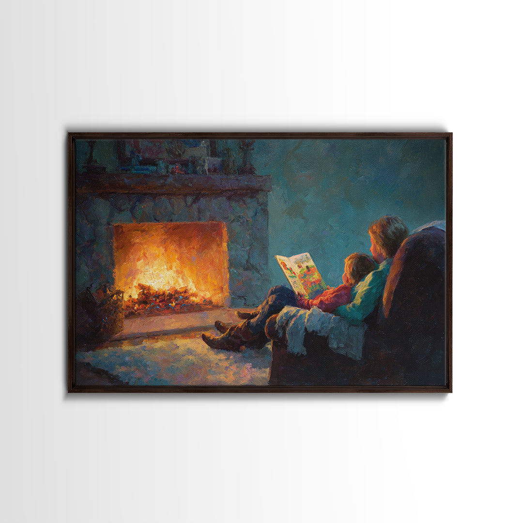 Mother And Child Storytime By Fireplace Framed Canvas Print, Cozy Living Room Wall Art, Family Reading Decor, Gift For Mom