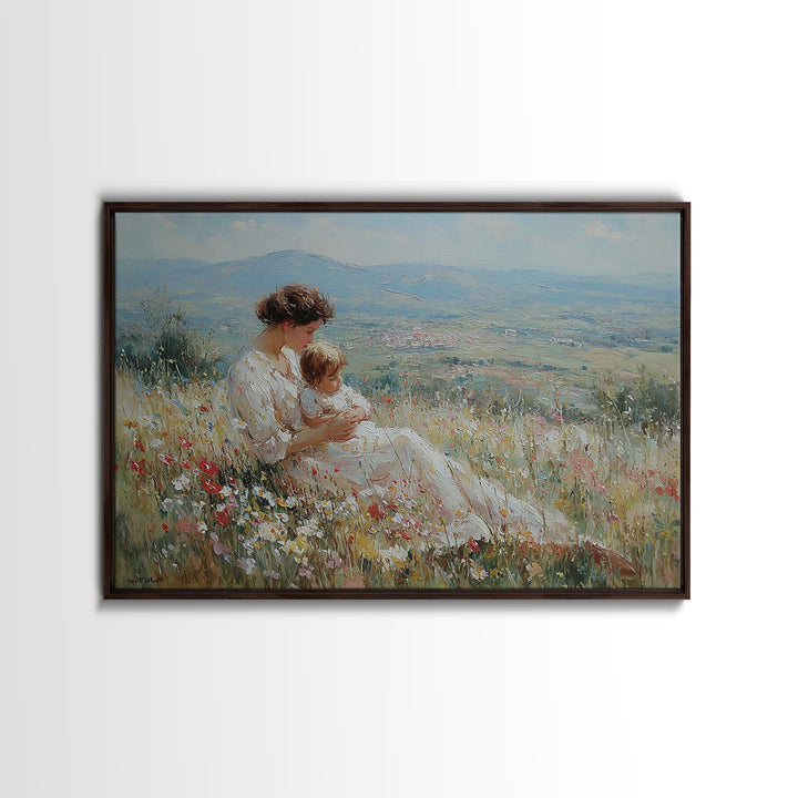 Seated Mother Nursing Baby In Flower Field Framed Canvas Print, Impressionist Landscape Art, Feminine Bedroom Decor, Gift For Her