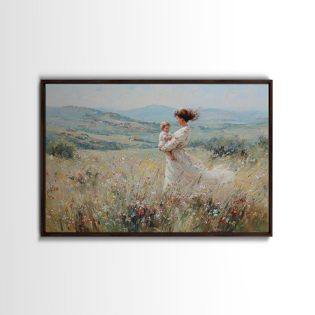 Standing Mother With Baby In Wildflower Valley Canvas Print, Impressionist Floral Landscape, Nursery Decor, Gift For Mom