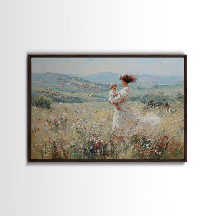 Standing Mother With Baby In Wildflower Valley Canvas Print, Impressionist Floral Landscape, Nursery Decor, Gift For Mom