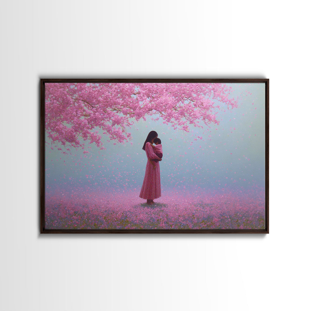 Mother And Child Under Pink Blossoms Wall Art, Cherry Blossom Painting, Feminine Nursery Decor, Romantic Gift For Her, Pink Wall Art