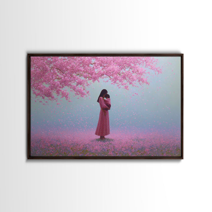 Mother And Child Under Pink Blossoms Wall Art, Cherry Blossom Painting, Feminine Nursery Decor, Romantic Gift For Her, Pink Wall Art