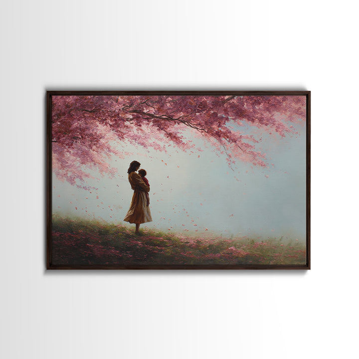 Mother And Child Under Pink Blossoms Wall Art, Soft Spring Meadow Canvas, Feminine Nursery Decor, Gift For Mom, Living Room Decor