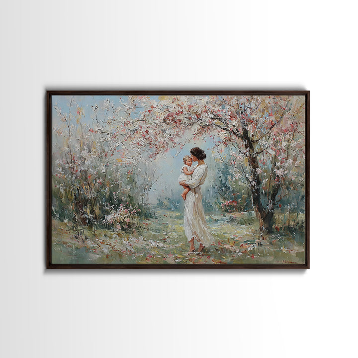Mother Holding Baby In Blooming Garden Canvas Print, Impressionist Floral Wall Art, Nursery Decor, Housewarming Gift, Home Decor