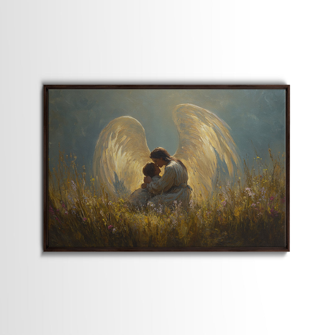 Golden Winged Angel And Child Meadow Framed Canvas Print, Spiritual Wall Art, Christian Nursery Decor, Gift For Her, Living Room Decor