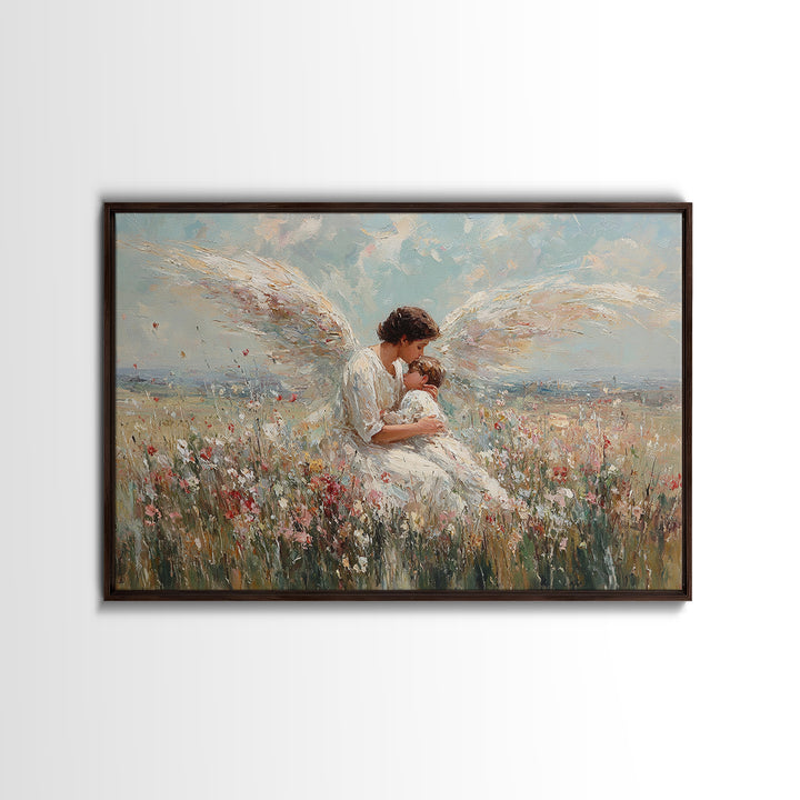 Guardian Angel Holding Baby In Wildflower Field Framed Canvas Print, Christian Wall Art, Nursery Decor, Spiritual Gift Idea