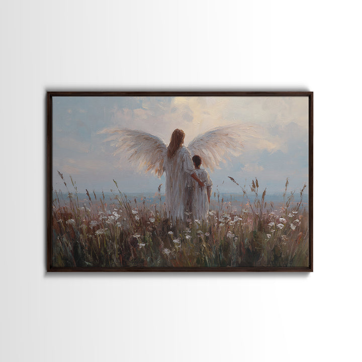 Angel And Child Facing Soft Horizon Canvas Print, Peaceful Meadow Wall Art, Christian Home Decor, Nursery Decor, Living Room Decor