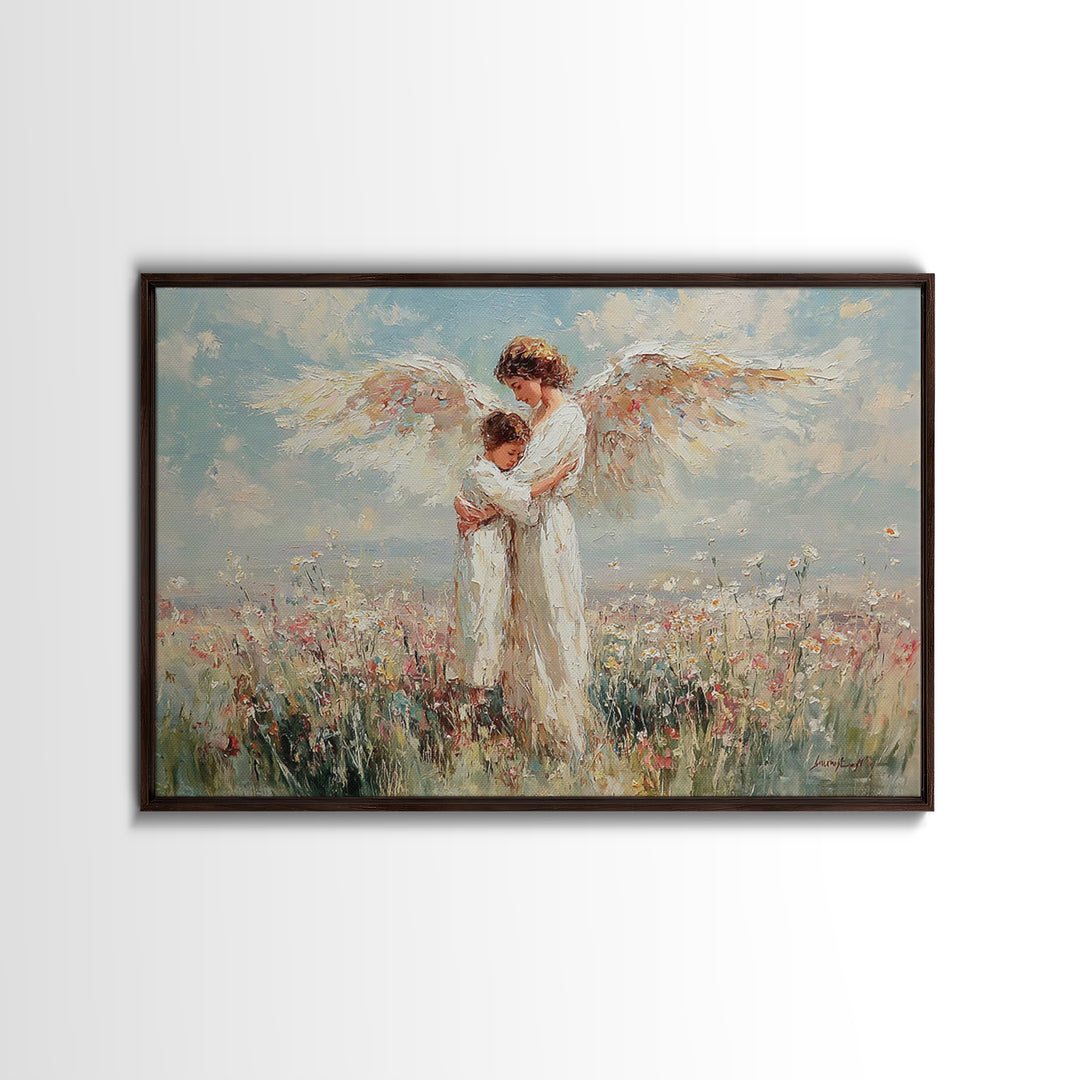 Angel Holding Child In Daisy Meadow Framed Canvas Print, Christian Wall Art, Spiritual Nursery Decor, Gift For Her, Home Decor