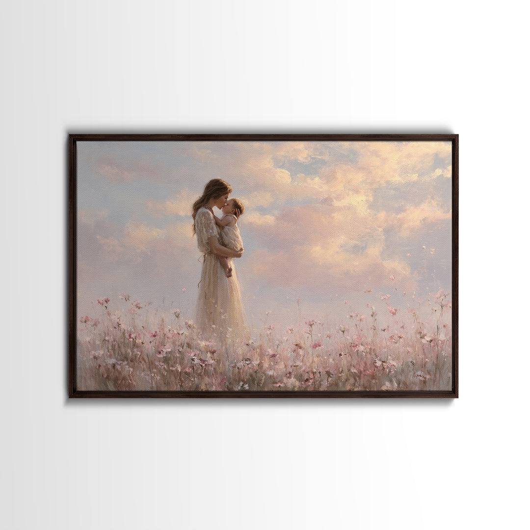 Mother Kissing Baby In Pastel Flower Meadow Wall Art, Soft Feminine Canvas Print, Nursery Decor, Gift For Mom, Bedroom Decor