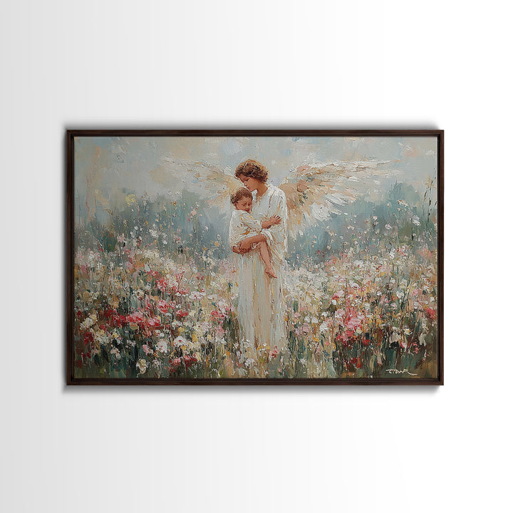 Angel Mother Holding Child In Wildflower Meadow Wall Art, Spiritual Nursery Decor, Floral Fine Art Print, Gift For Mom, Home Decor