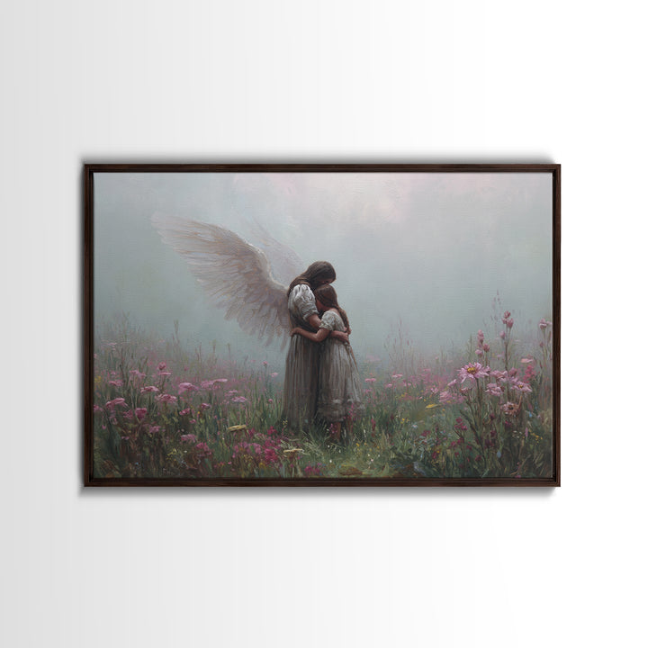 Guardian Angel Hugging Child In Misty Wildflowers Wall Art, Spiritual Nursery Decor, Moody Floral Fine Art Print For Mom