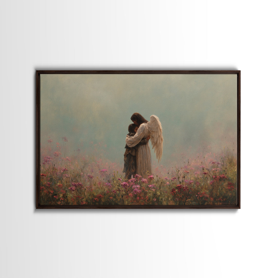 Winged Mother And Child Embracing In Pink Meadow Wall Art, Spiritual Nursery Decor, Moody Floral Painting, Gift For Her, Home Decor