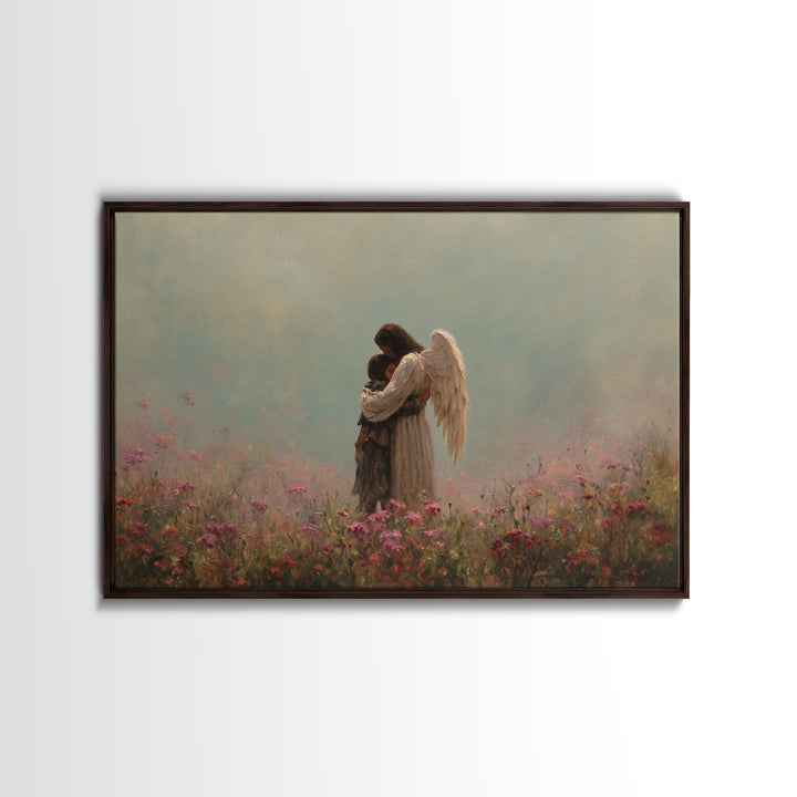 Winged Mother And Child Embracing In Pink Meadow Wall Art, Spiritual Nursery Decor, Moody Floral Painting, Gift For Her, Home Decor