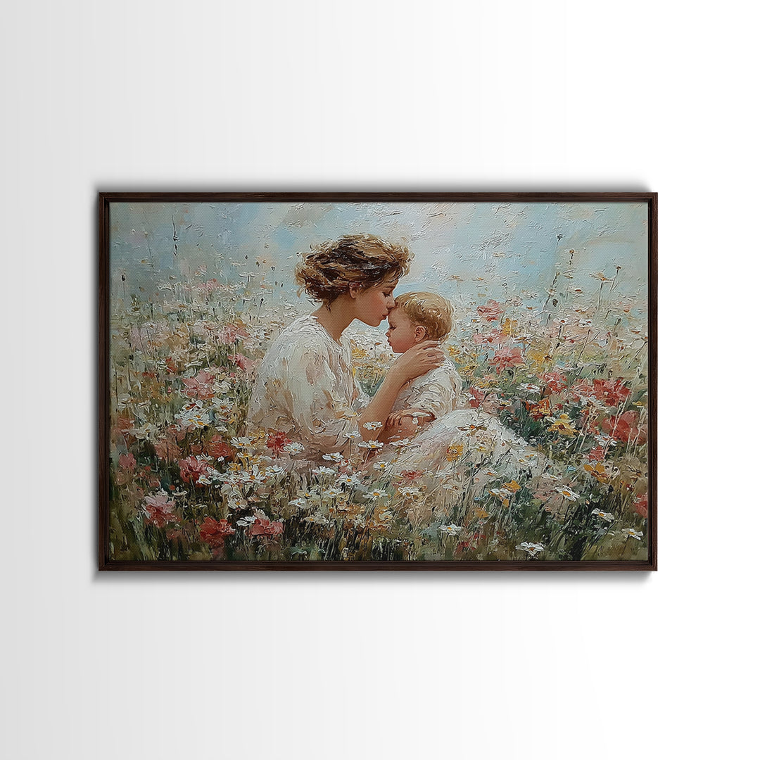 Tender Mother Kissing Baby Among White Daisies Framed Canvas Print, Floral Nursery Wall Art, Spiritual Gift For Mom, Home Decor