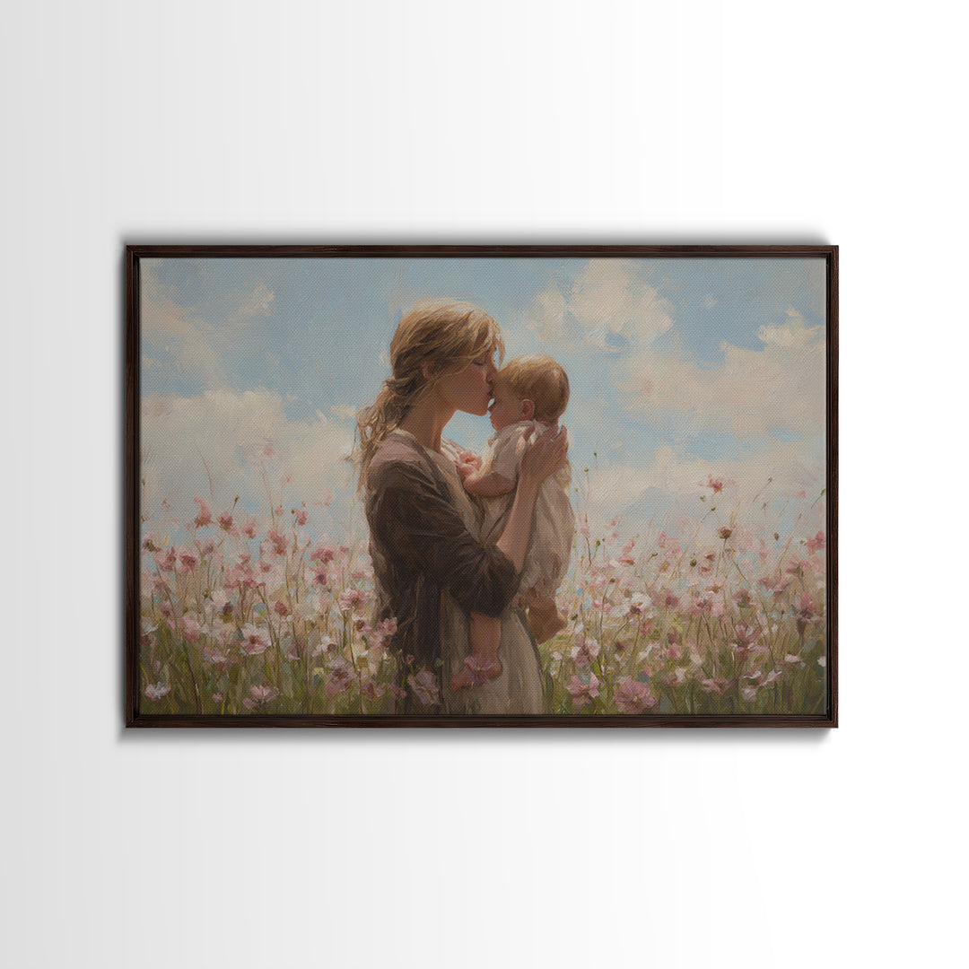 Blonde Mother Kissing Baby In Pink Flower Field Framed Canvas Print, Soft Nursery Wall Art, Mothers Day Gift, Home Decor