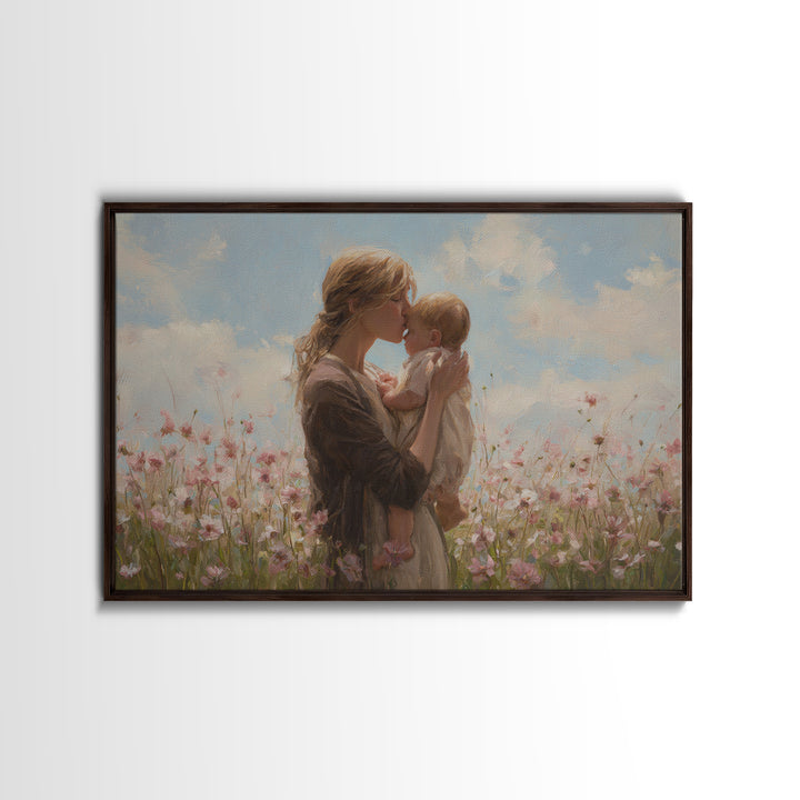 Blonde Mother Kissing Baby In Pink Flower Field Framed Canvas Print, Soft Nursery Wall Art, Mothers Day Gift, Home Decor