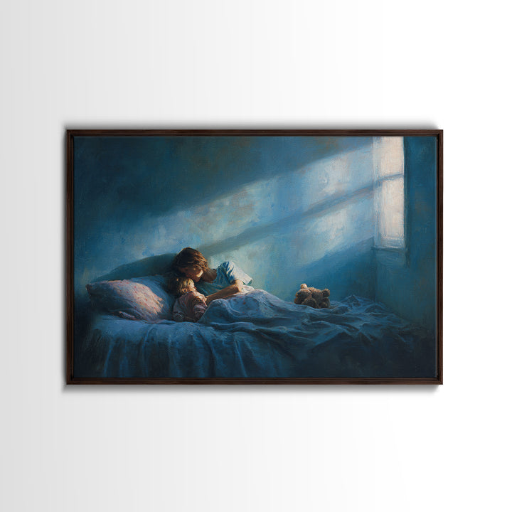 Moonlit Child Reading In Blue Bedroom Wall Art, Impressionist Oil Painting Print, Nursery Decor, Cozy Bedroom Art, Gift For Mom