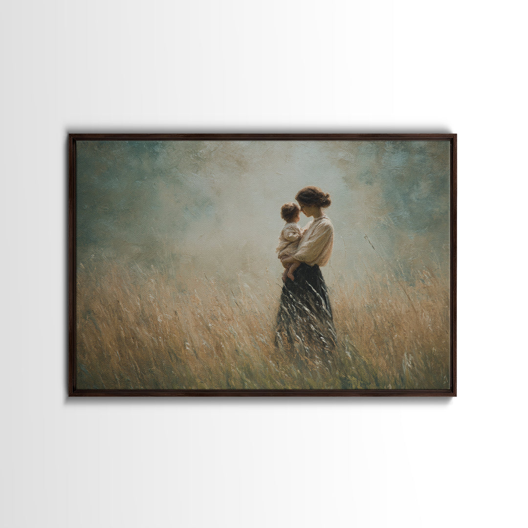 Mother And Child In Golden Grass Framed Canvas Print, Moody Impressionist Painting, Neutral Wall Art, Farmhouse Decor, Housewarming Gift