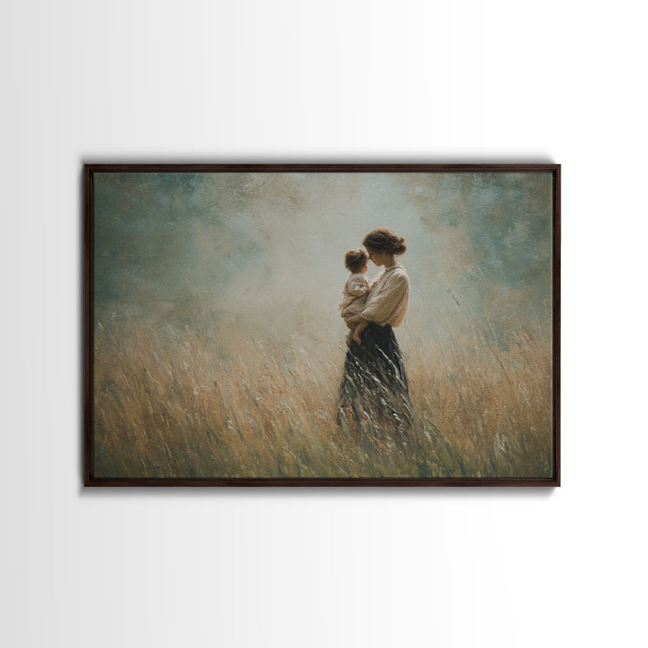Mother And Child In Golden Grass Framed Canvas Print, Moody Impressionist Painting, Neutral Wall Art, Farmhouse Decor, Housewarming Gift