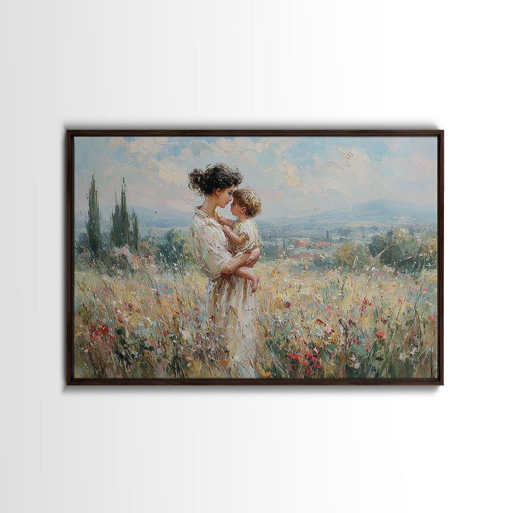 Mother And Child In Wildflower Hills Wall Art, Impressionist Oil Painting Print, Floral Wall Decor, Living Room Art, Gift For Mom