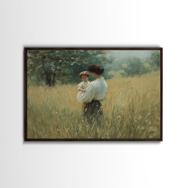 Mother Holding Child In Summer Field Framed Canvas Print, Impressionist Oil Painting, Rustic Wall Art, Farmhouse Home Decor
