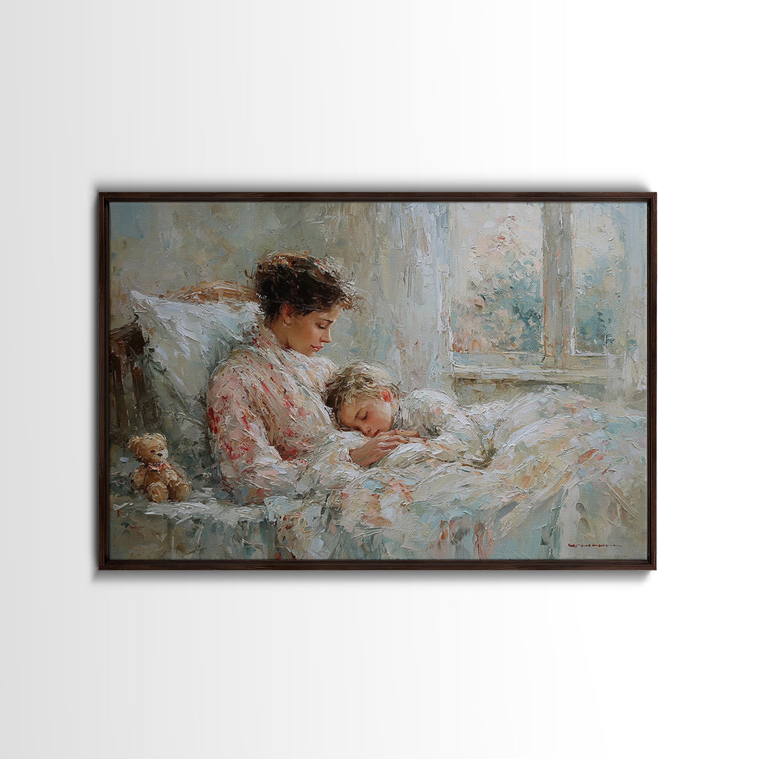 Mother And Child Bedtime Cuddle By Window Framed Canvas Print, Cozy Bedroom Wall Art, Nursery Wall Art, Gift For Mom, Home Decor