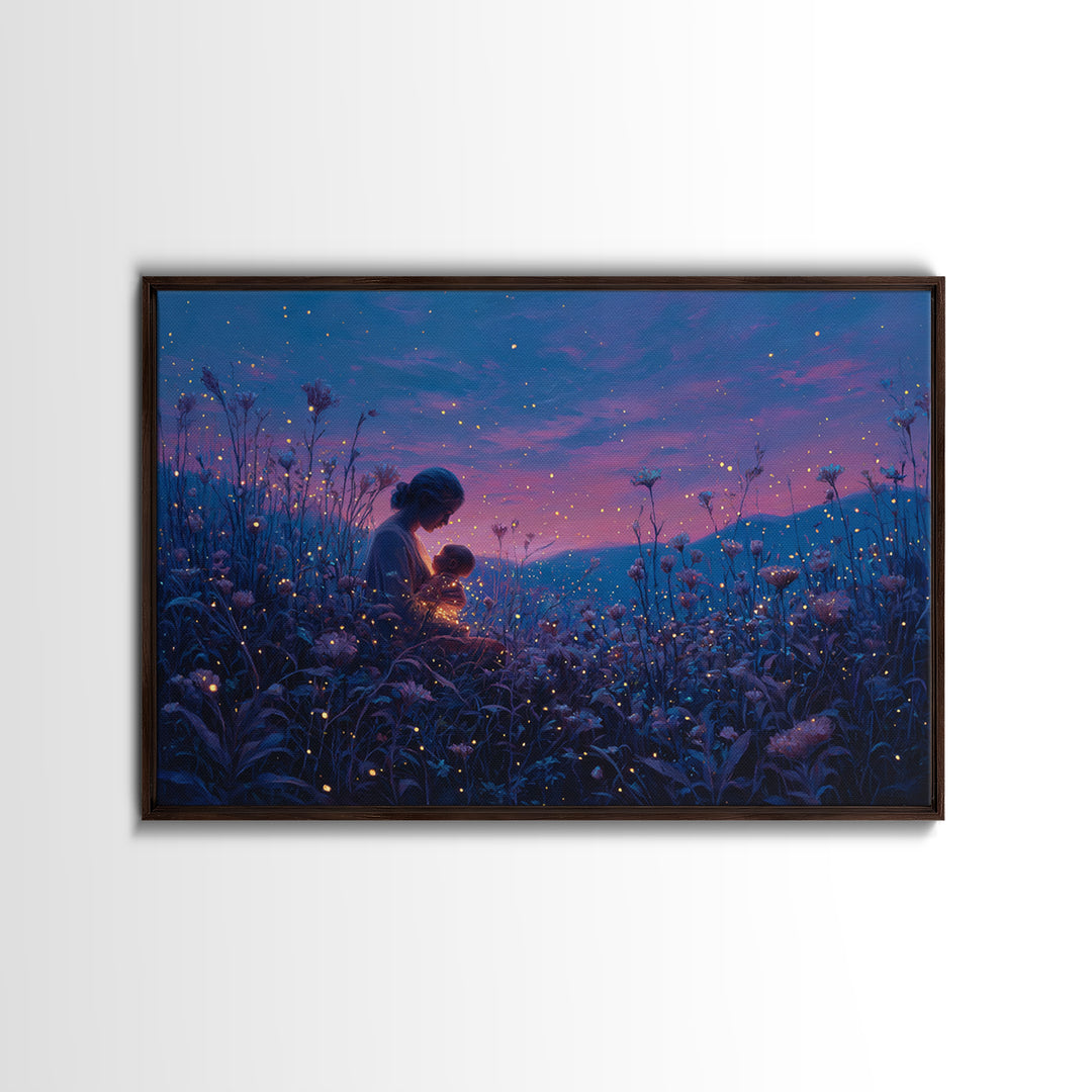 Twilight Mother And Child Firefly Canvas Print, Celestial Nursery Art, Fantasy Wall Decor, Gift For Mom, Bedroom Decor, Magical Art