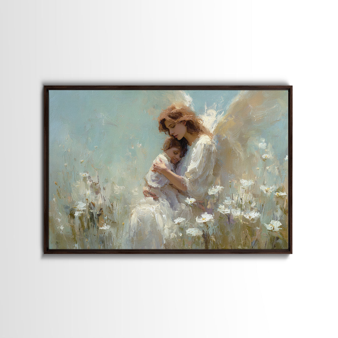 Guardian Angel And Child Daisy Canvas Print, Christian Wall Art, Spiritual Nursery Decor, Feminine Art, Gift For Her, Home Decor