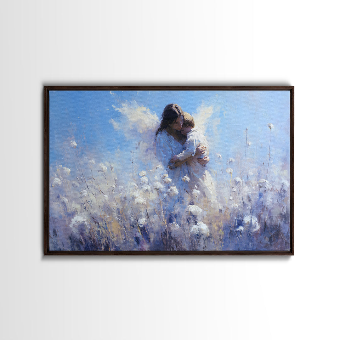 Blue Guardian Angel Mother And Child In Cotton Field Wall Art, Christian Nursery Decor, Motherhood Gift, Fine Art Print, Home Decor