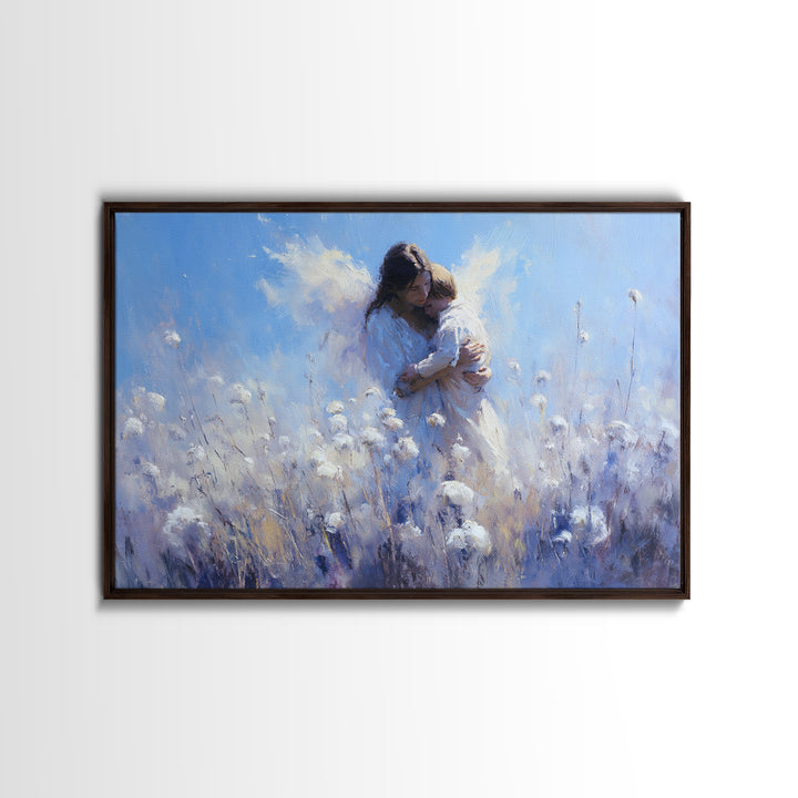 Blue Guardian Angel Mother And Child In Cotton Field Wall Art, Christian Nursery Decor, Motherhood Gift, Fine Art Print, Home Decor