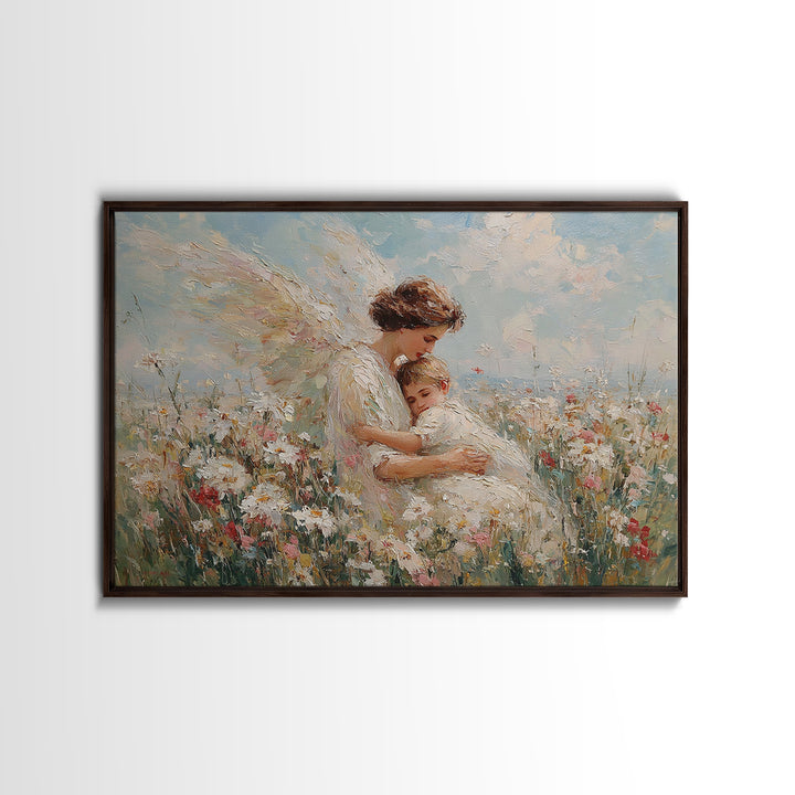 Sunlit Guardian Angel Embracing Child In Wildflower Meadow Canvas Print, Christian Wall Art, Motherhood Gift, Nursery Decor