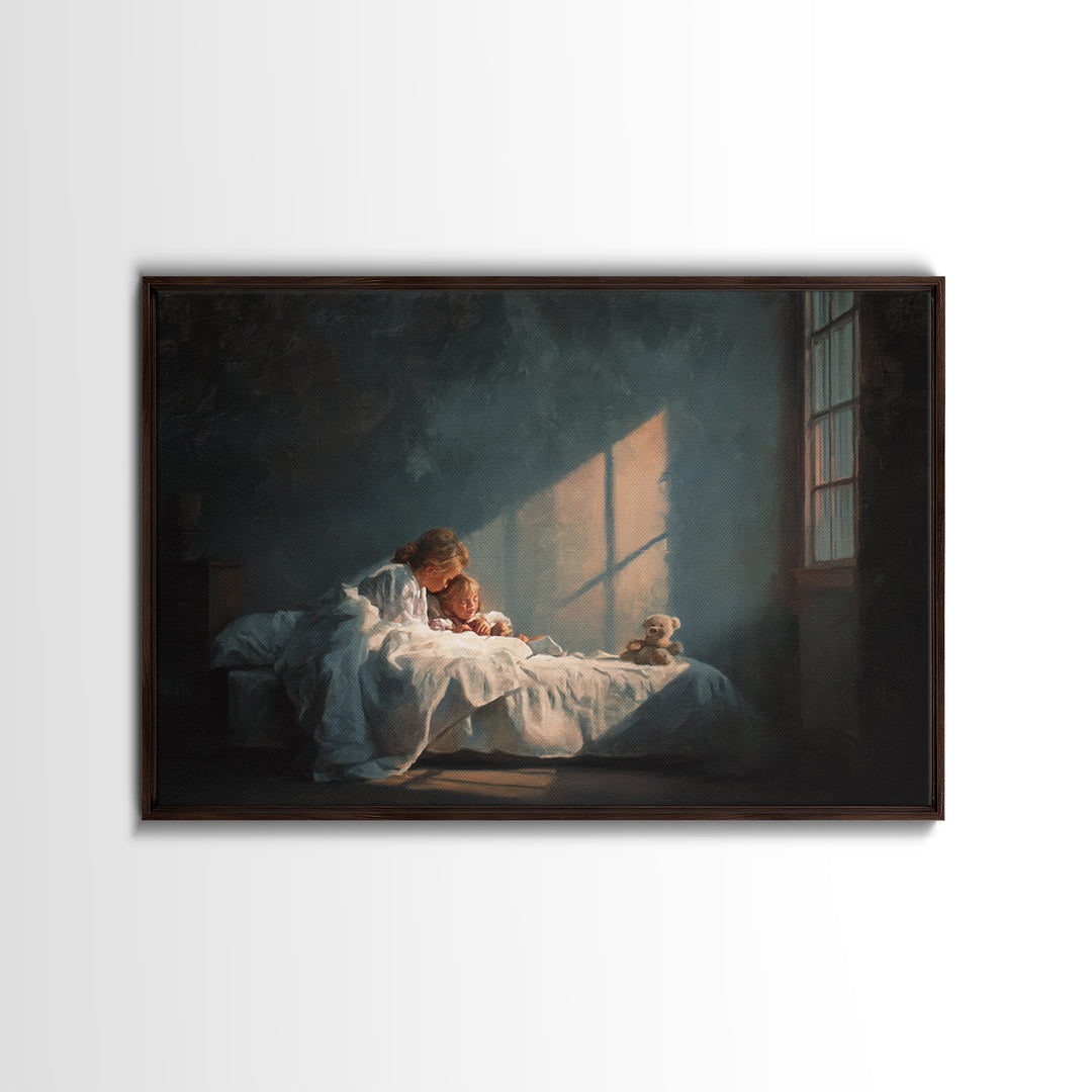 Bedtime Mother And Child In Moonlit Bedroom Framed Canvas Print, Nursery Wall Art, Cozy Home Decor, Mothers Day Gift, Bedroom Decor