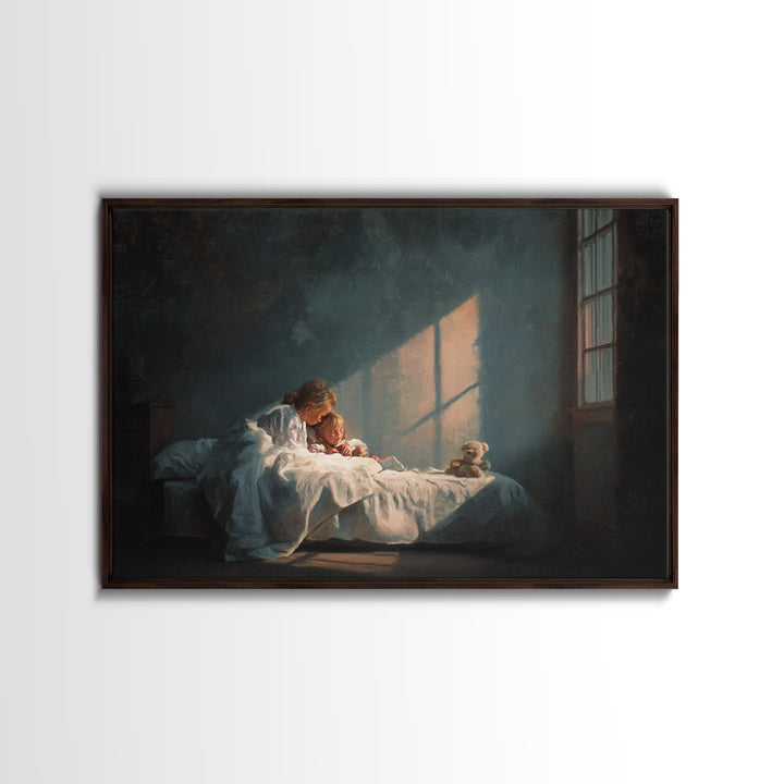 Bedtime Mother And Child In Moonlit Bedroom Framed Canvas Print, Nursery Wall Art, Cozy Home Decor, Mothers Day Gift, Bedroom Decor