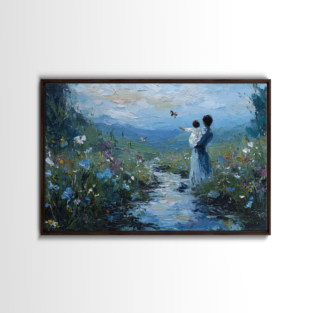 Mother And Child Watching Butterflies By Mountain Stream Canvas Print, Nature Wall Art, Christian Nursery Decor, Housewarming Gift