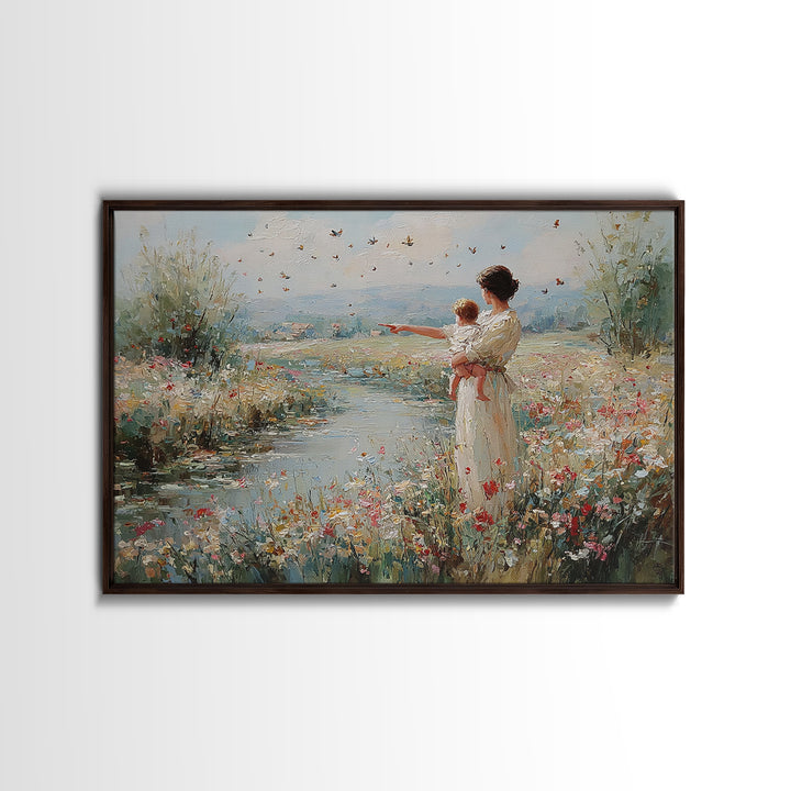 Mother And Baby Beside River Pointing At Butterflies Wall Art, Landscape Painting, Christian Nursery Decor, Gift For Mom