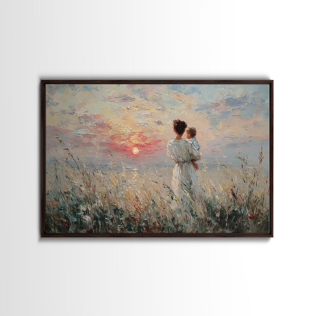 Mother And Baby Watching Ocean Sunset Canvas Print, Coastal Wall Art, Seascape Painting, Nursery Decor, Gift For Her, Bedroom Decor