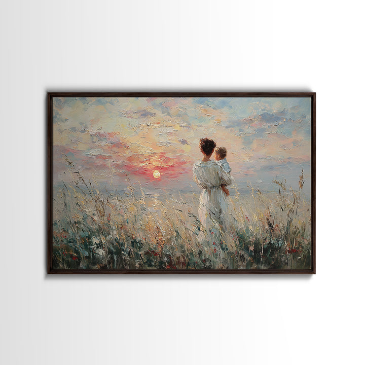 Mother And Baby Watching Ocean Sunset Canvas Print, Coastal Wall Art, Seascape Painting, Nursery Decor, Gift For Her, Bedroom Decor