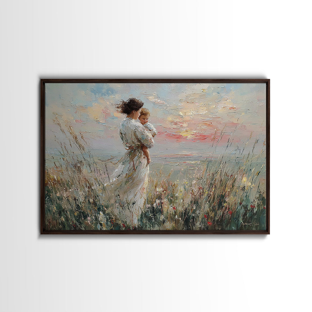 Mother And Child By Wildflower Coast Canvas Print, Impressionist Beach Wall Art, Mothers Day Gift, Nursery Decor, Living Room Decor